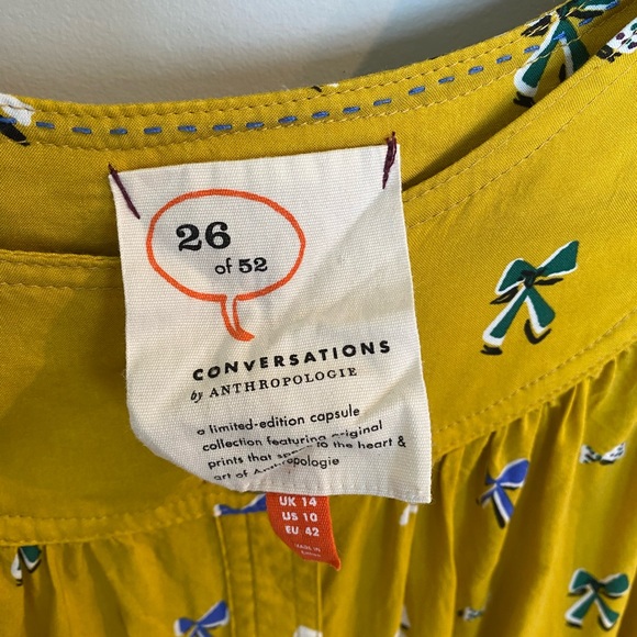 Anthropologie Mustard Yellow Bow Print Button Top - Picture 7 of 9